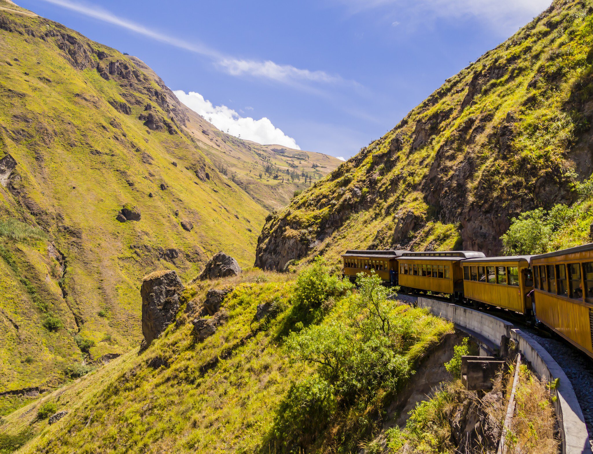 Stunning view of Devil's Nose train running on beautiful andean landscape, Alausi, Ecuador