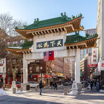 The Chinatown Gate in Boston, Massachusetts, on a sunny winter day.