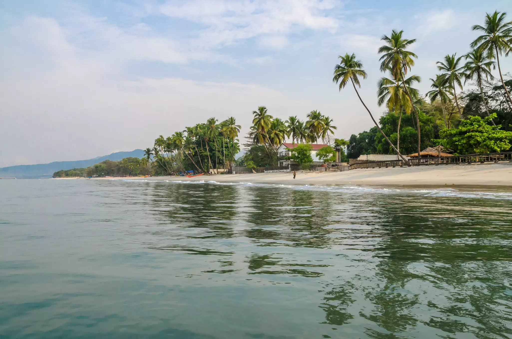 Calm water, palm trees and white sand are pictured at a tropical beach.