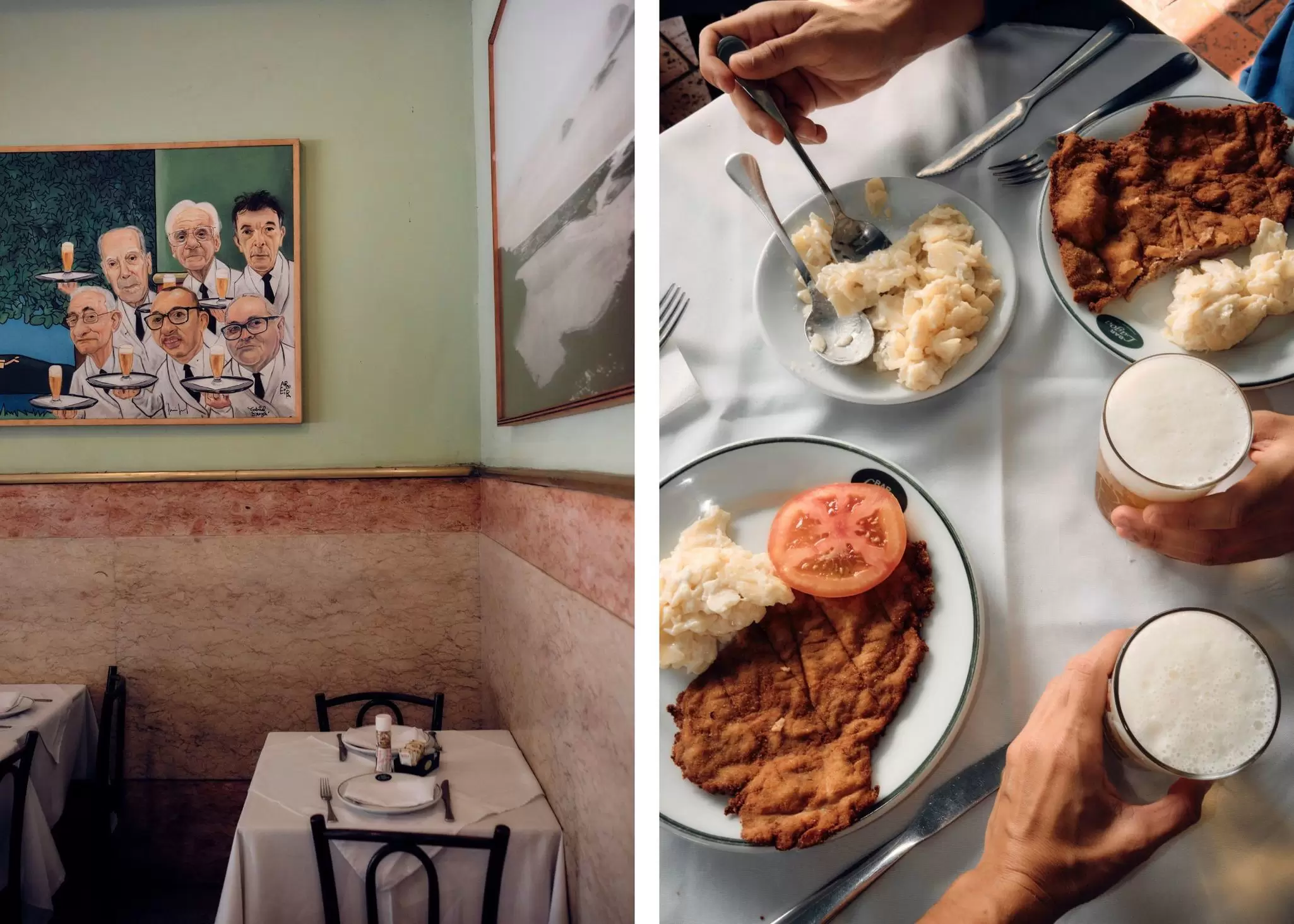 Left, the interior of restaurant with a table and chairs and a painting depicting waiters holding trays of beer; right, breaded steak and potato salad on a plate, and hands holding glasses of beer.
