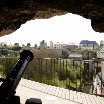 A cannon pokes out through an opening in a fortress in a city
