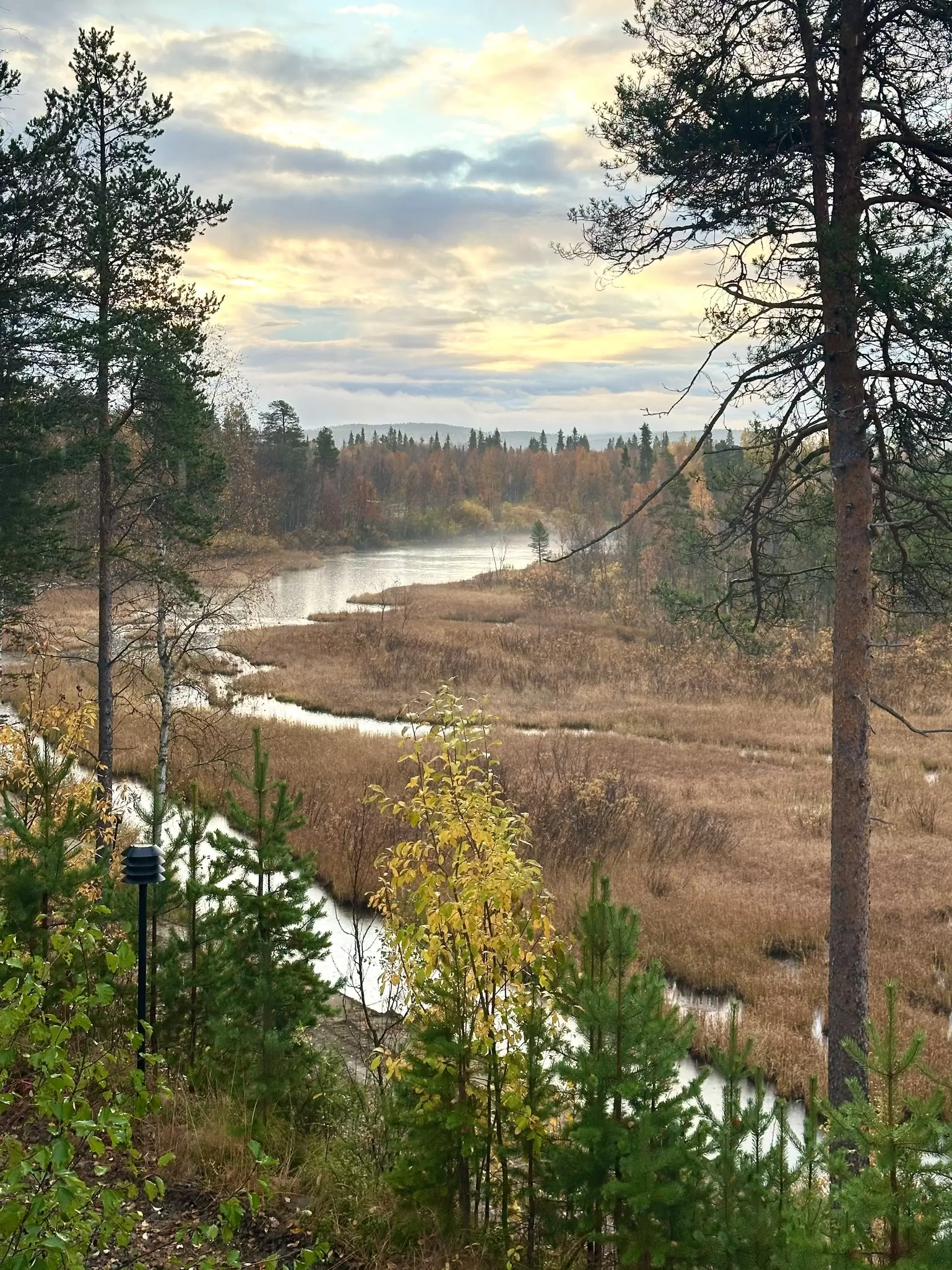 A view over trees and water on a misty morning in Finnish Lapland in fall. 