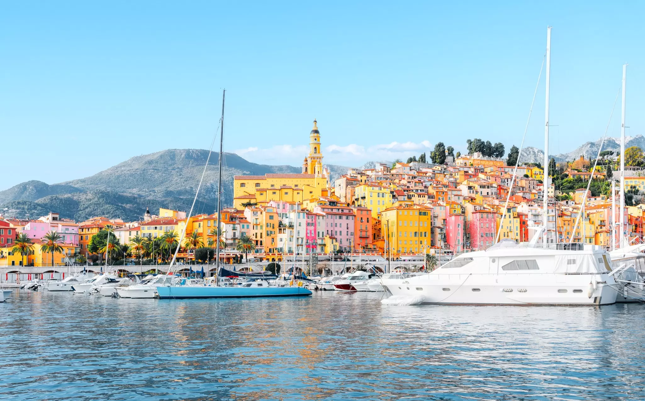 Menton, France - Panorama view of village with colorful houses on the French Riviera, Cote D Azur.