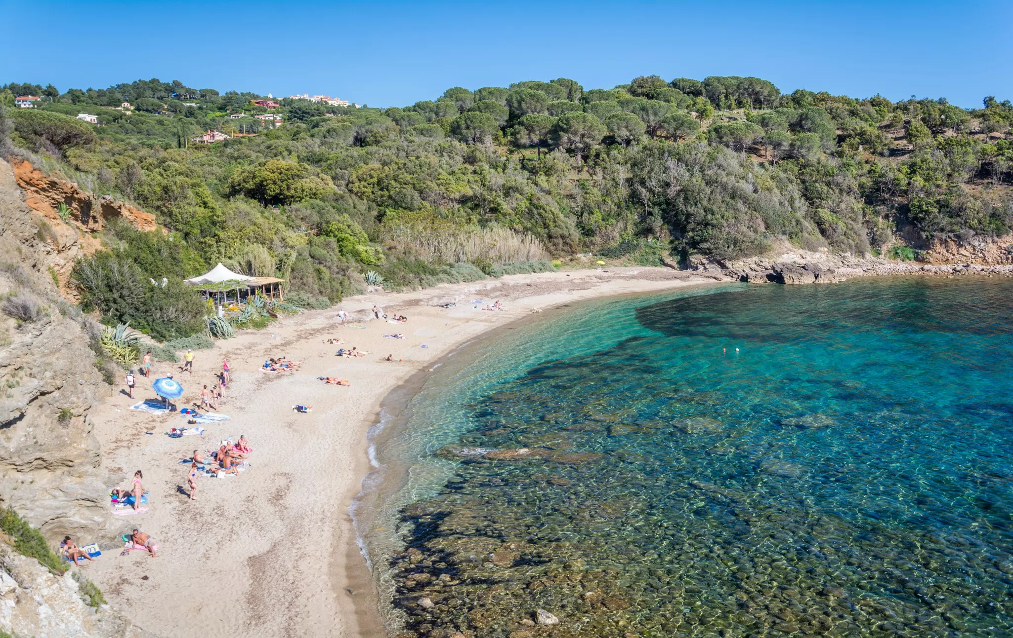 A wide view of a beach with clear water and greenery on shore beyond the sand.
