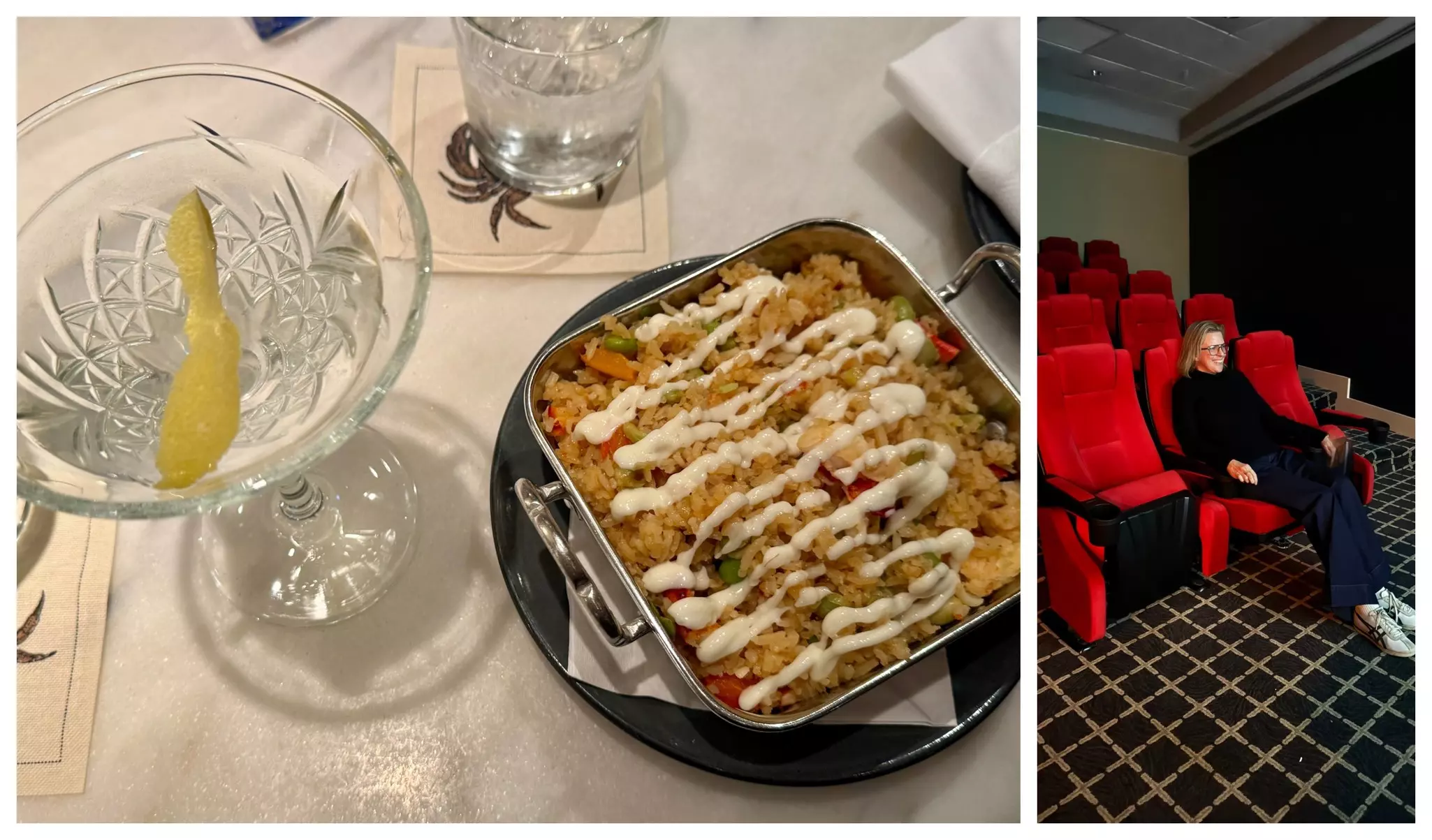 Left, Lobster fried rice and a martini. Right, Watching a movie at the Cliff House screening room.