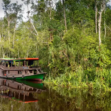 Two-deck wooden riverboat with a red roof moored against rainforest, reflected in a still dark river, Central Kalimantan.