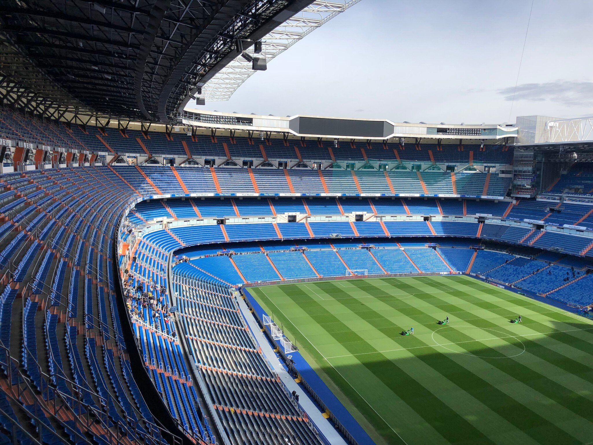View of the pitch and seats at Estadio Santiago Bernabéu in Madrid, Spain.
