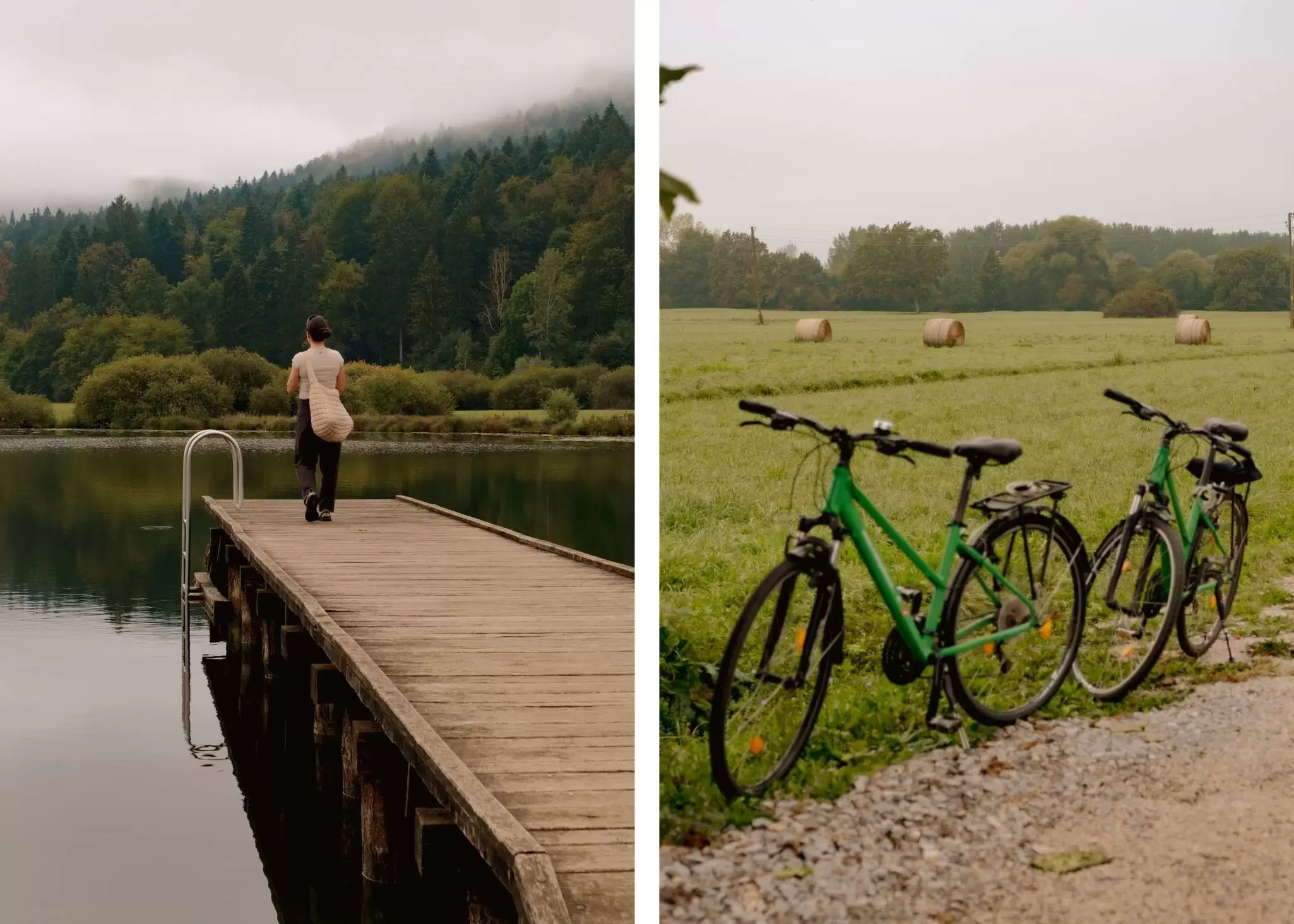 USE THIS FOR DYPTICHS - 1
**For Slovenia partnerships article
Left: A wooden dock on Podpeč Lake (Podpeško jezero) at the foot of Sveta Ana Hill. Right: Cycling through the Ljubljana marshes.