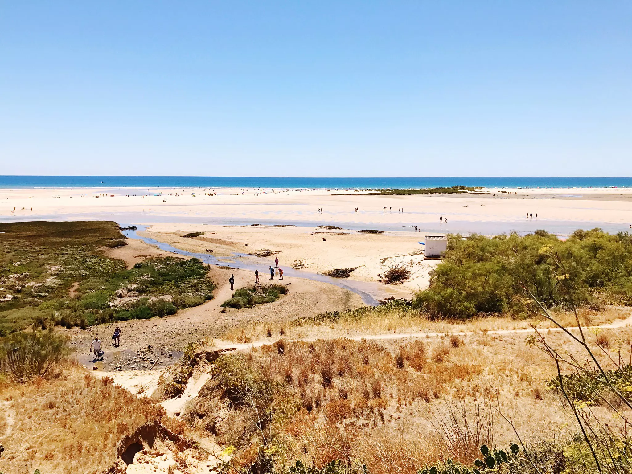 Aerial view of the dunes and beach at Tavira, Portugal.