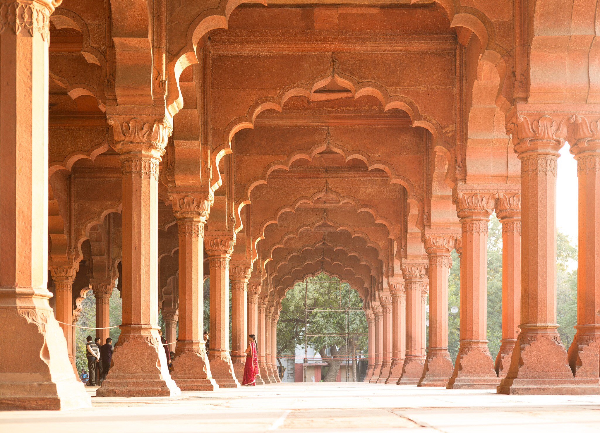 View of archways inside the Red Fort in Delhi, India.