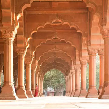 View of archways inside the Red Fort in Delhi, India.