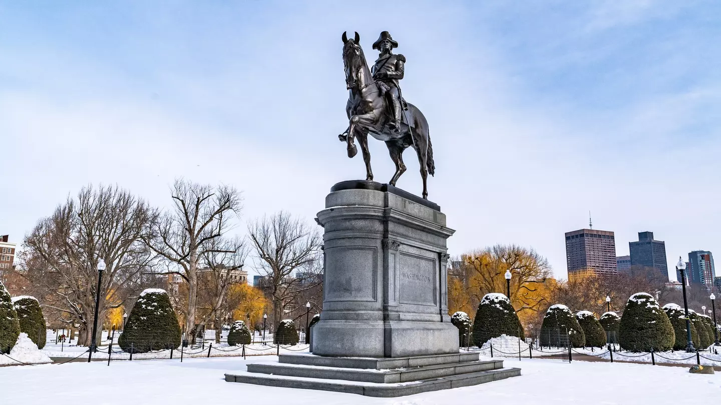 The equestrian statue of George Washington in Boston Public Garden in winter. Chalermpon Poungpeth/Shutterstock