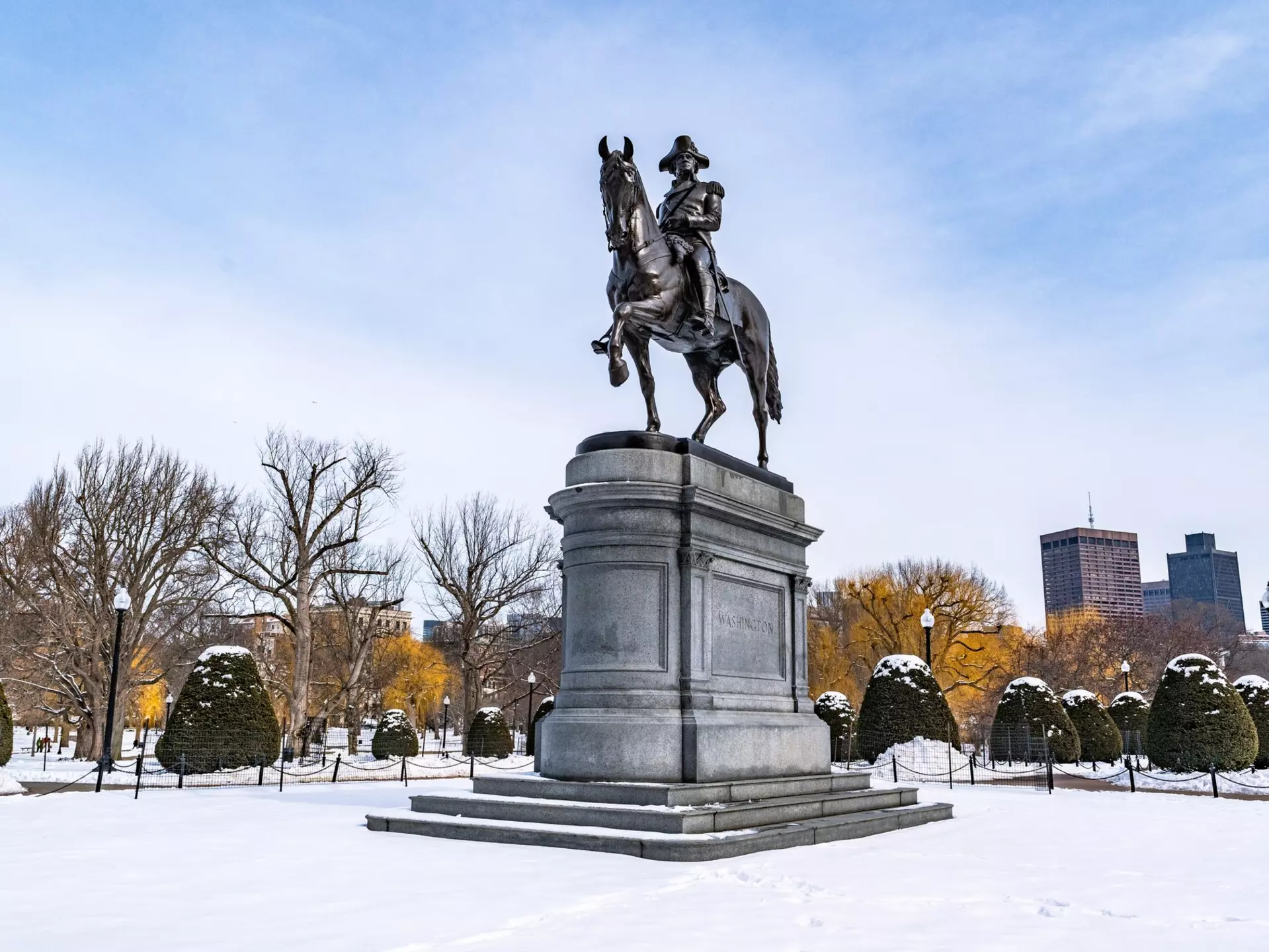 The equestrian statue of George Washington in Boston Public Garden in winter. Chalermpon Poungpeth/Shutterstock