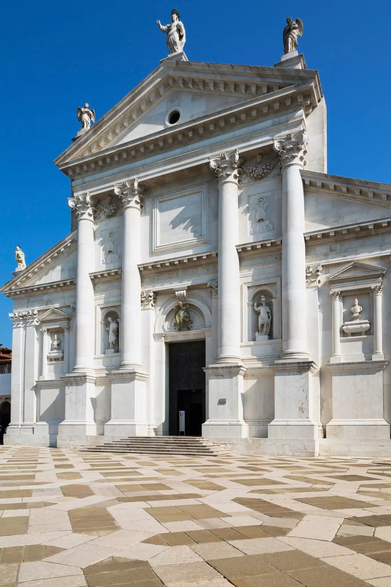 The facade of the Basilica di San Giorgio Maggiore on the Isola di San Giorgio Maggiore in Venice, Italy.