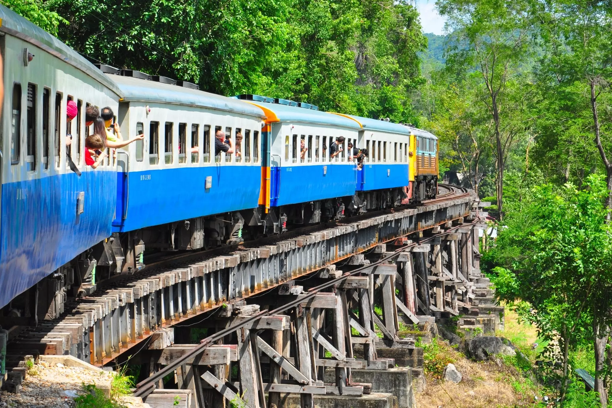 Tourists lean out of a blue and white train's window as it travels over a bridge amid trees