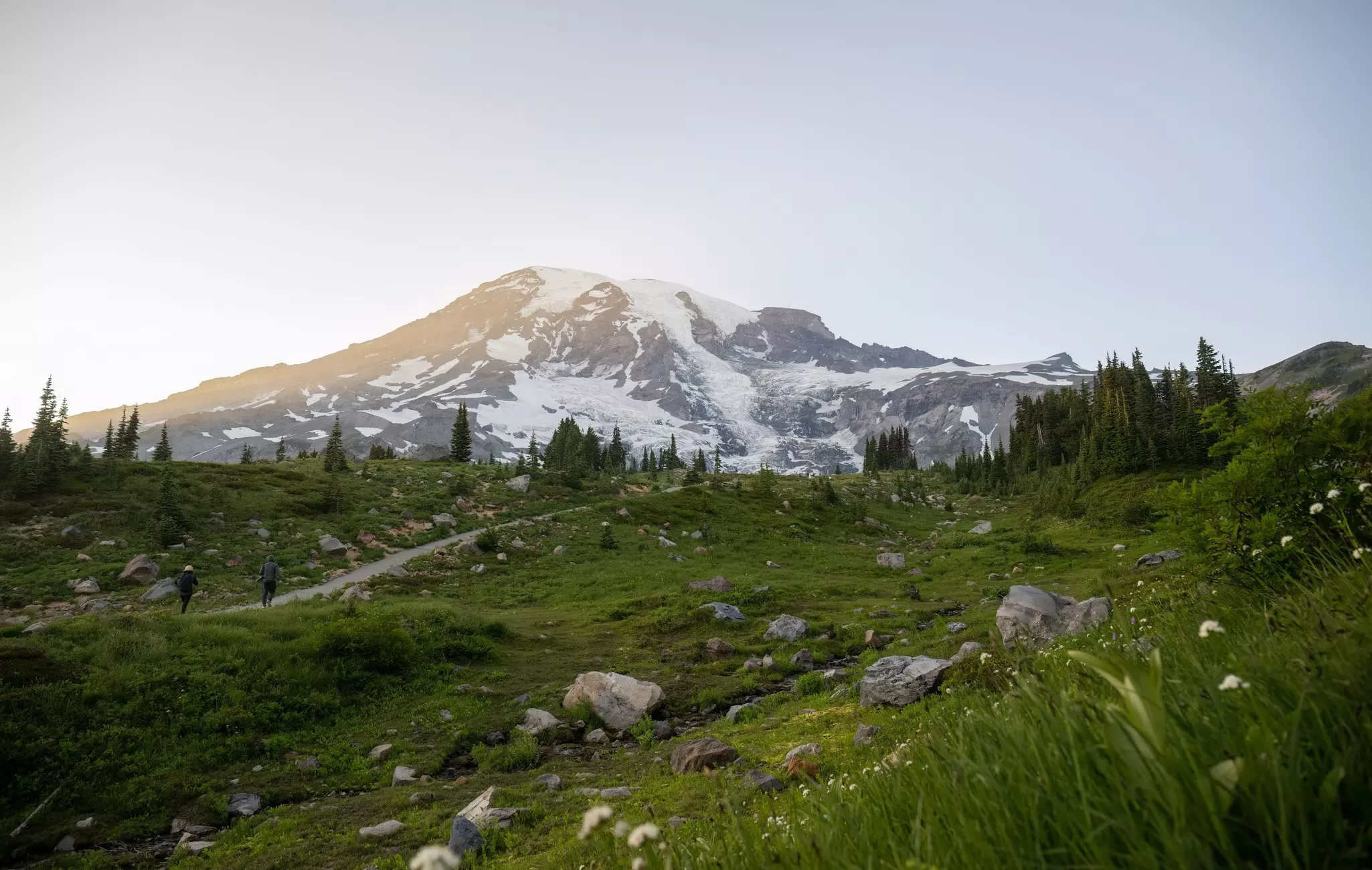 Hikers approaching Mt Rainier at sunset.
