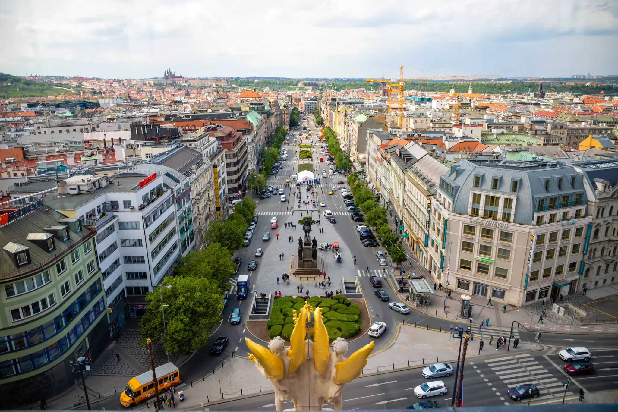 Aerial view over Wenceslas Square from the National Museum in Prague, Czechia.