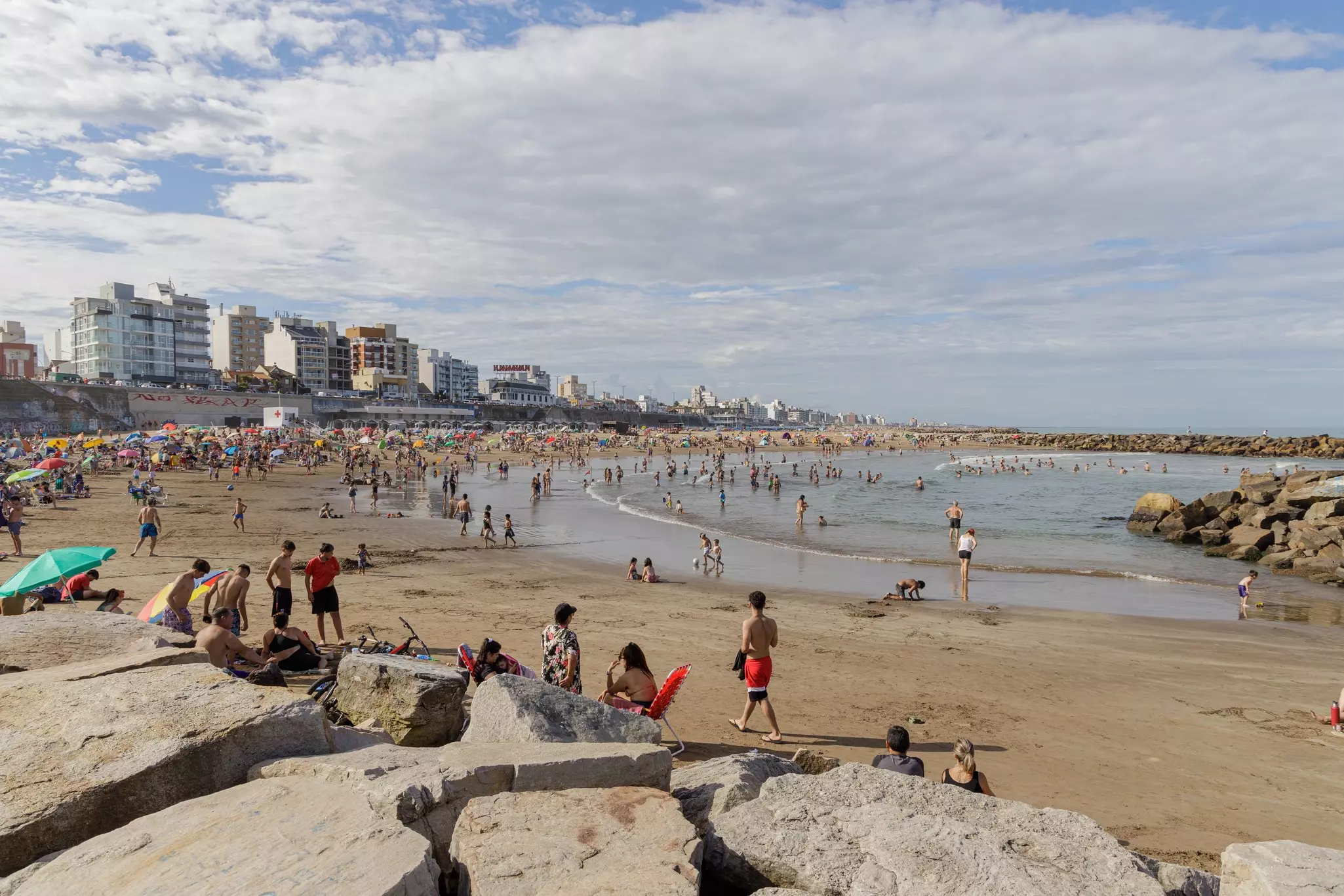 A crowded beach at Stella Maris Beach in Mar del Plata, Argentina. 