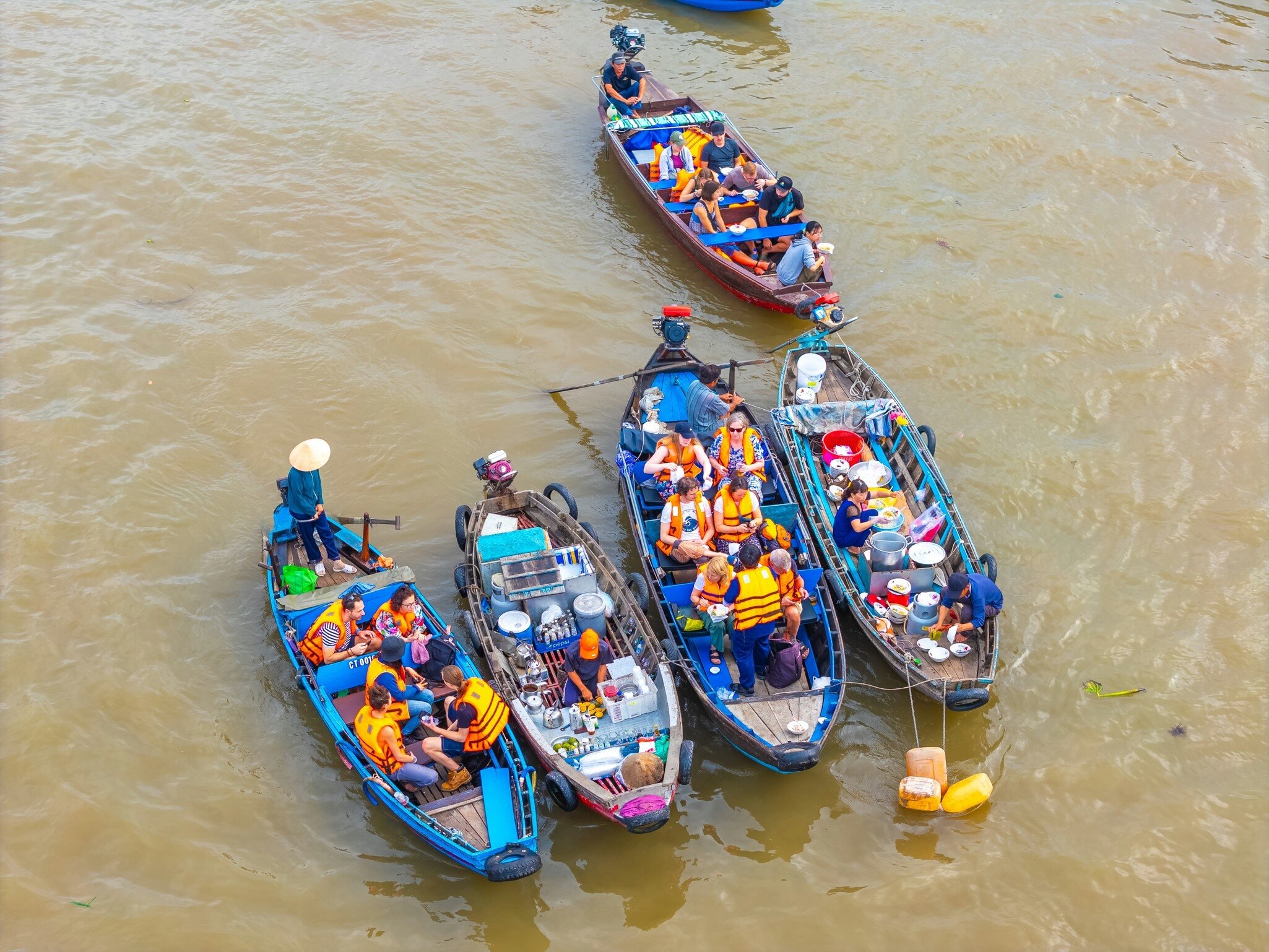 Aerial view of the famous Cai Rang floating market in Can Tho, Vietnam.
