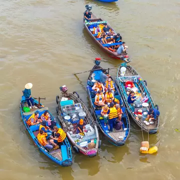 Aerial view of the famous Cai Rang floating market in Can Tho, Vietnam.
