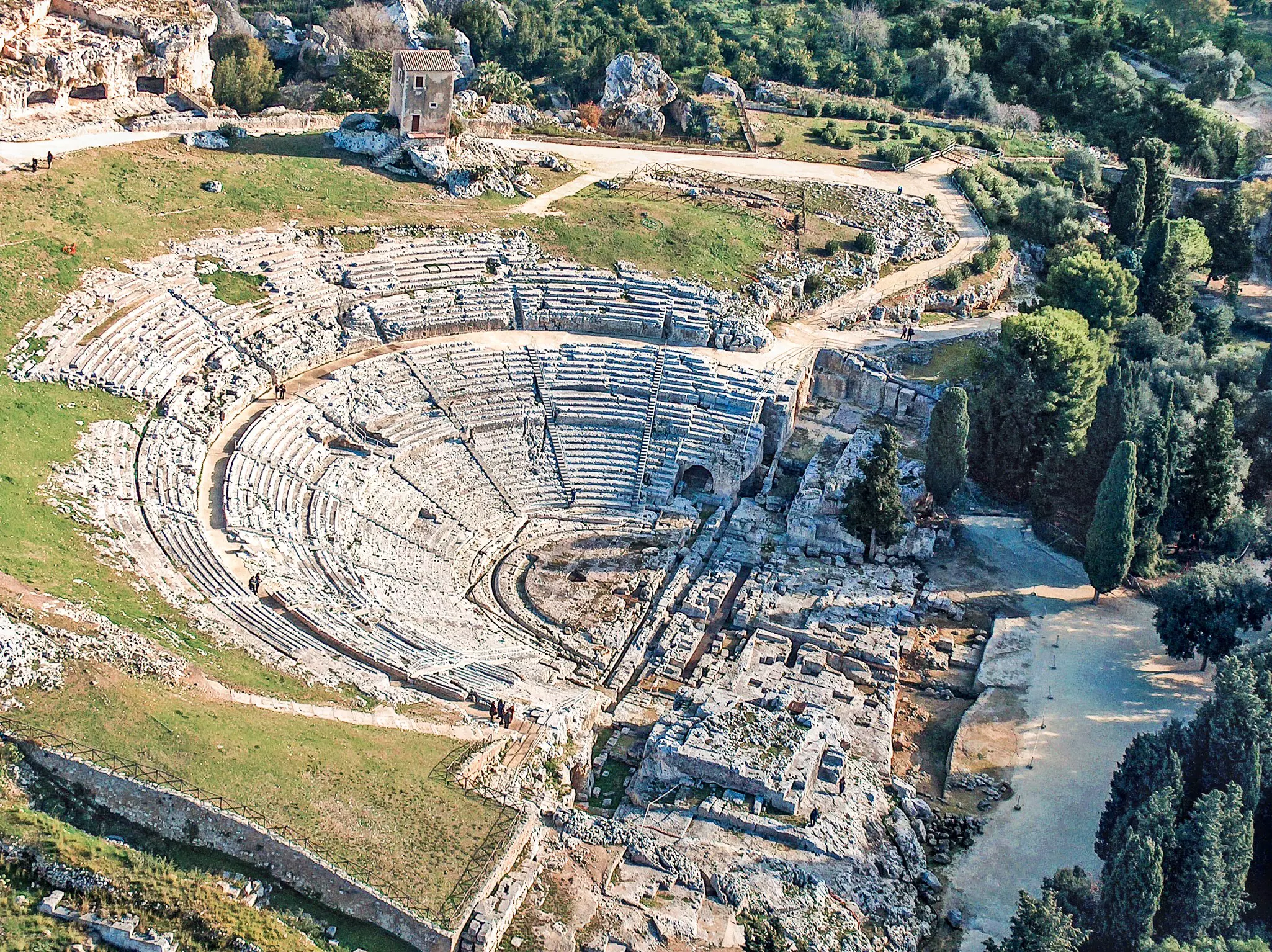 Aerial view of the Greek theater in Syracuse in Sicily, Italy.