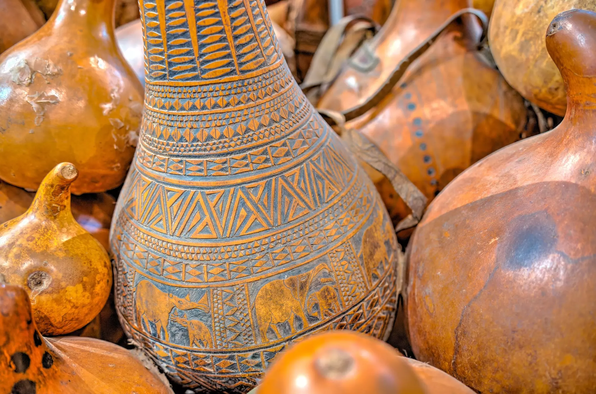 Carved gourds on sale in a market in Kenya.