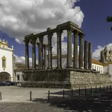 View of the Templo Romano in Évora, Portugal.