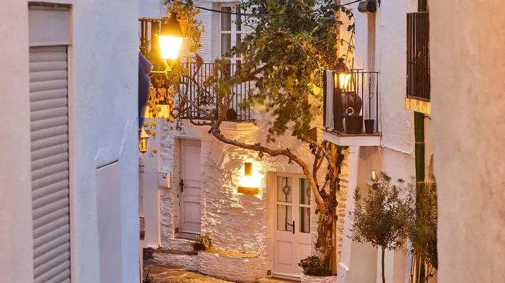Picturesque narrow alley in Mediterranean coast town of village, Girona. Spain