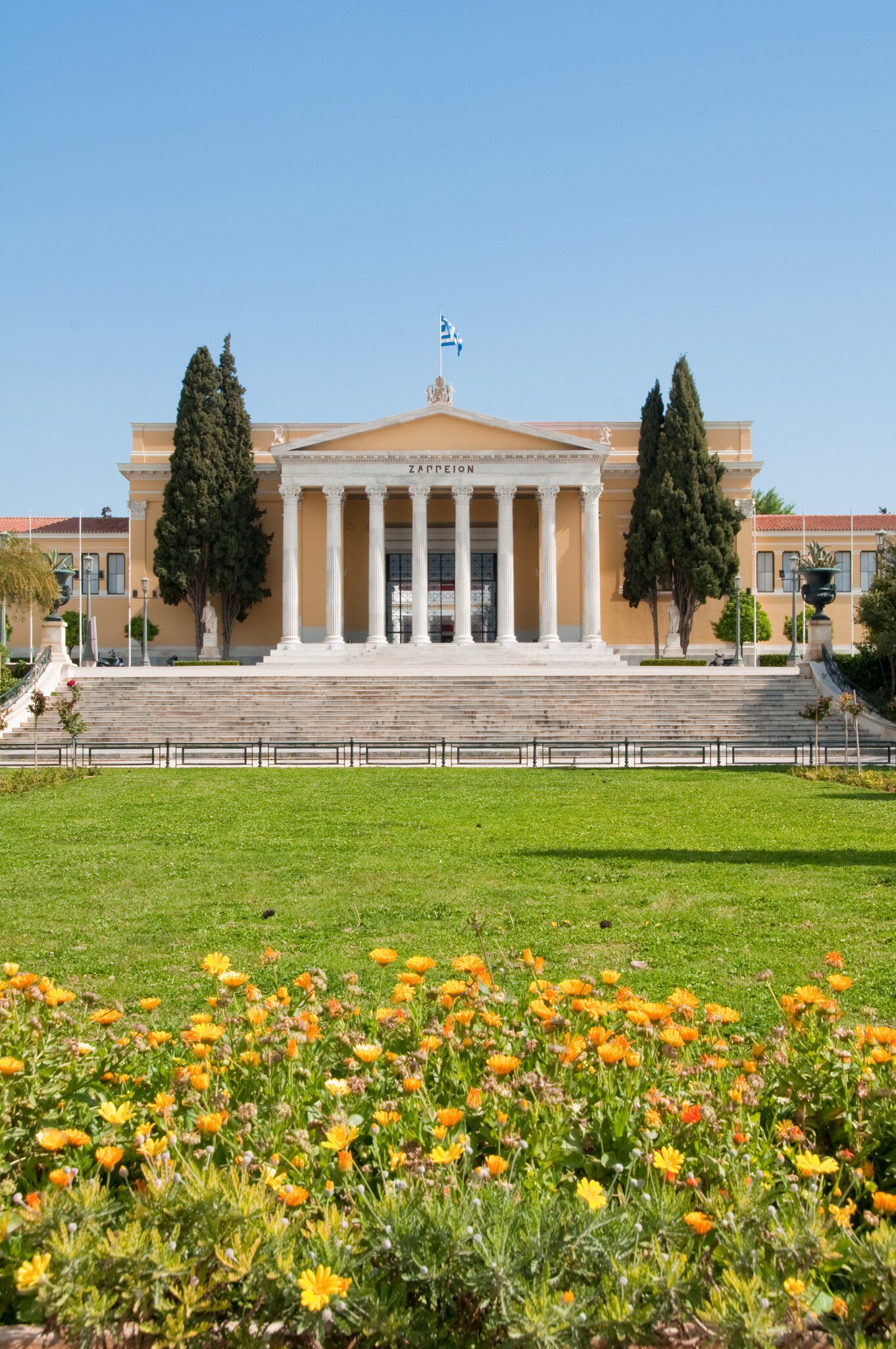 View of the Zappeion Gardens on a sunny day in Athens, Greece.