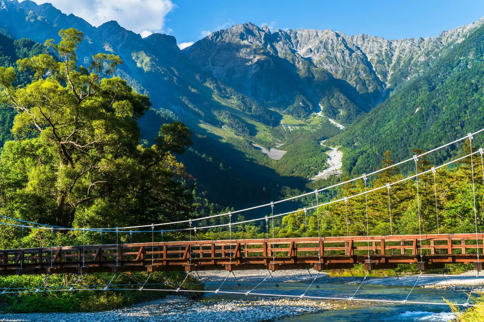 A bridge over the Azusa River in Kamikōchi, Nagano Prefecture, with mountains and forests behind, Japan.