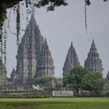 A view of elaborately carved temple towers at dawn is framed by tree branches with vines, Prambanan Temple Complex, near Yogakarta, Java, Indonesia