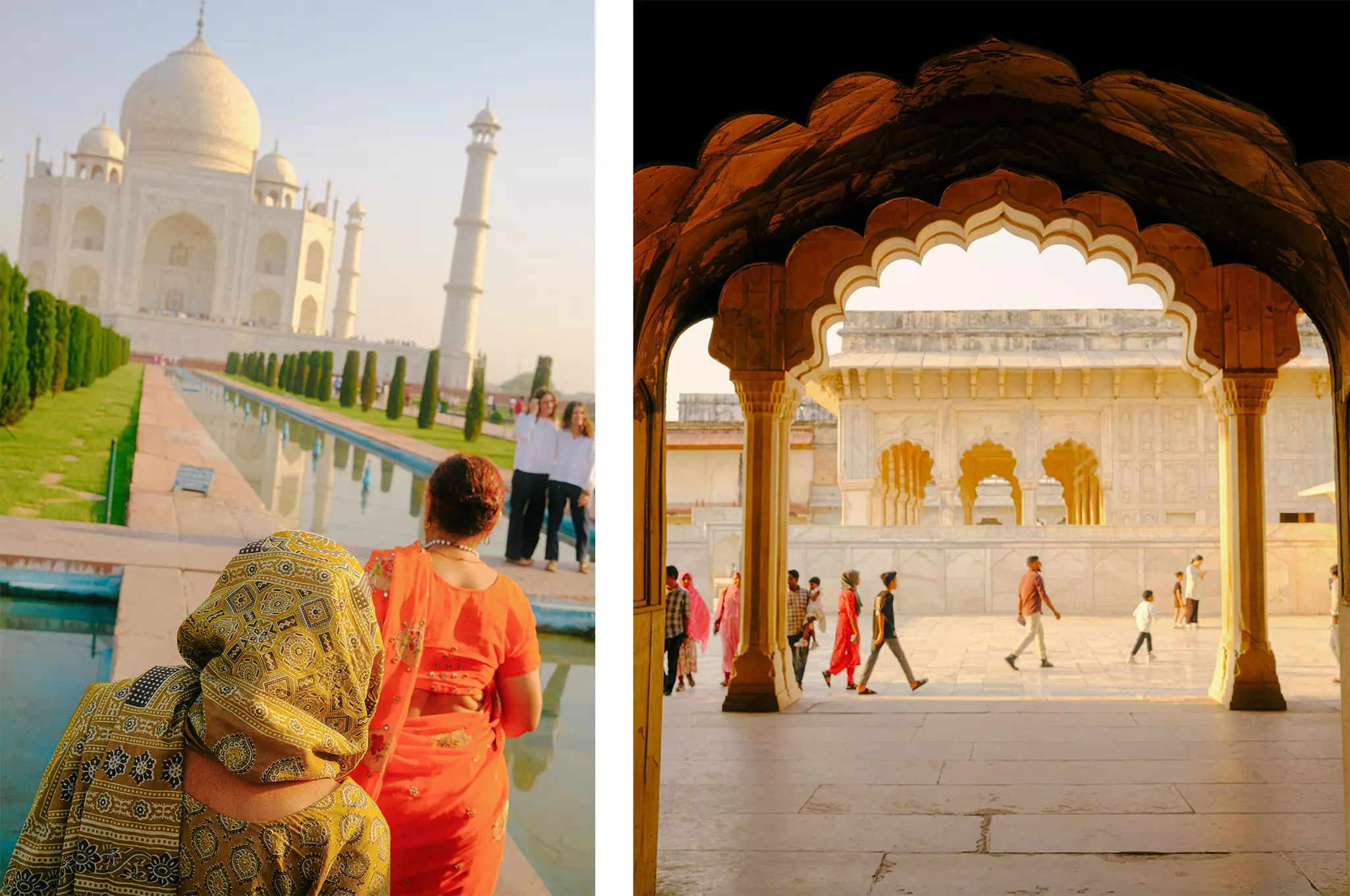 Left: Two women wearing saris walk along a pathway towards a vast white marble structure with domes and minarets. Right: People walk through ornate arches on the edge of a city square.