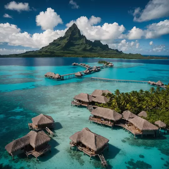Bora Bora, located in French Polynesia, is a stunning tropical paradise renowned for its crystal-clear turquoise waters, luxurious overwater bungalows, and breathtaking coral reefs.
