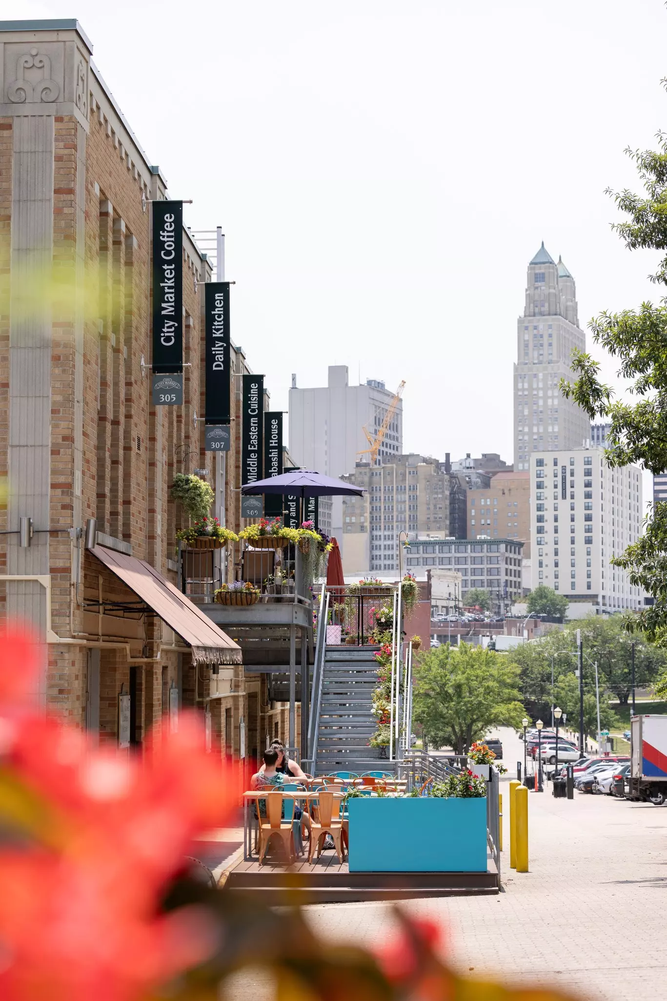 Afternoon light shines on historic buildings in downtown Kansas City.