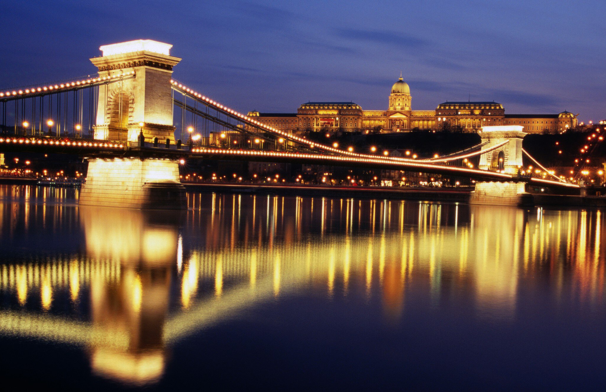 Szechenyi Bridge and Castle Hill at twilight.