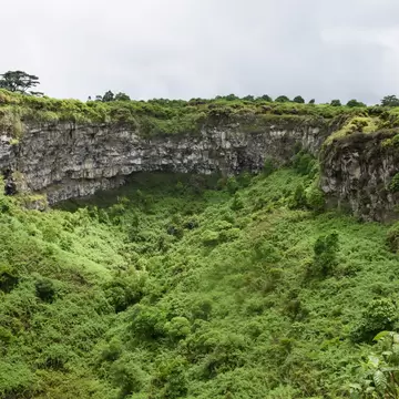 Lush forested twin sinkholes called Los Gemelos in the Galapagos Islands, Ecuador.