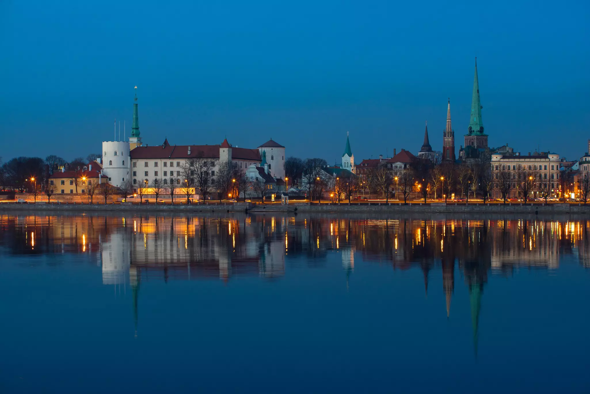 Panoramic view of old Riga in Latvia at night