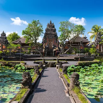Lotus ponds in front of Pura Taman Saraswati Temple in Ubud, Bali.