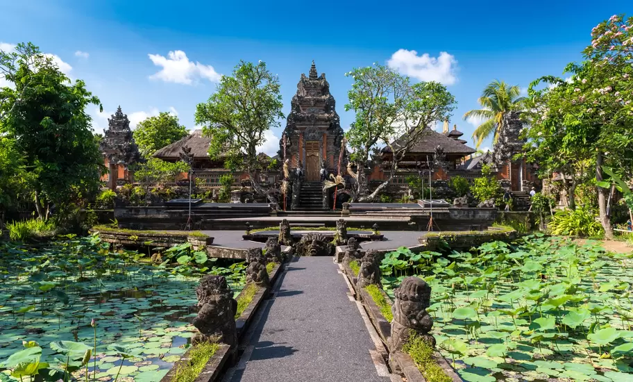 Lotus ponds in front of Pura Taman Saraswati Temple in Ubud, Bali.