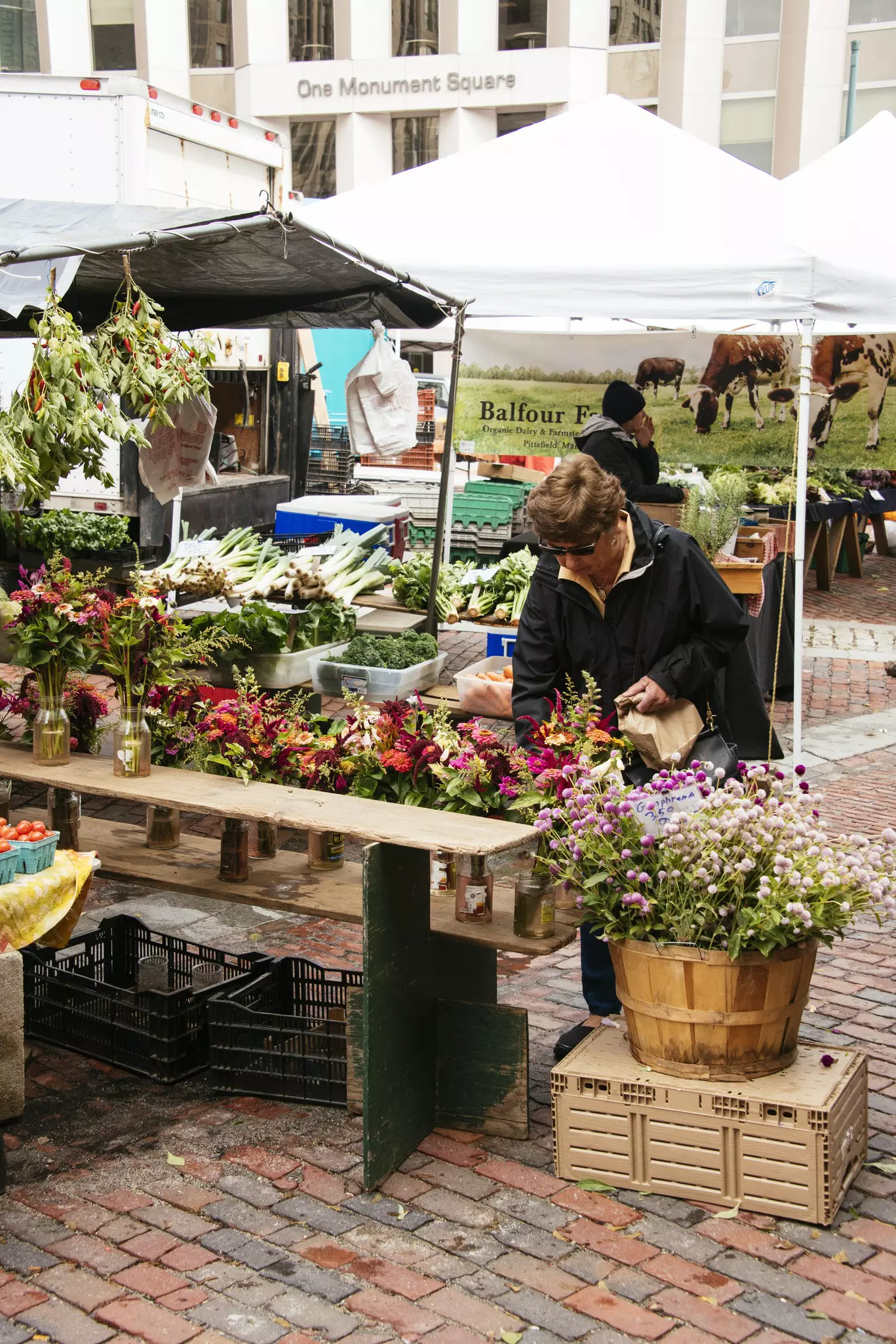 Flower stall at the farmers market in Monument Square.