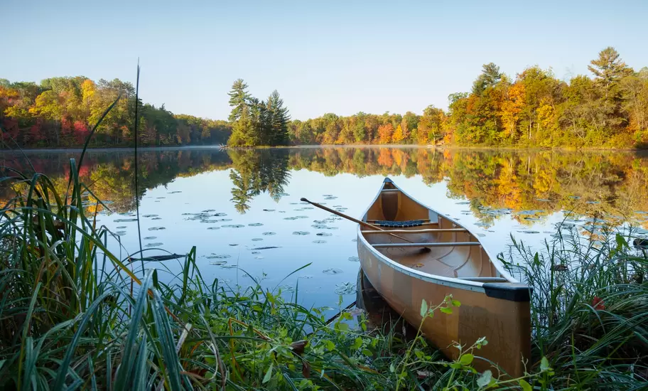Canoe beached in reeds on a calm Minnesota lake with lily pads, autumn trees reflected in the water