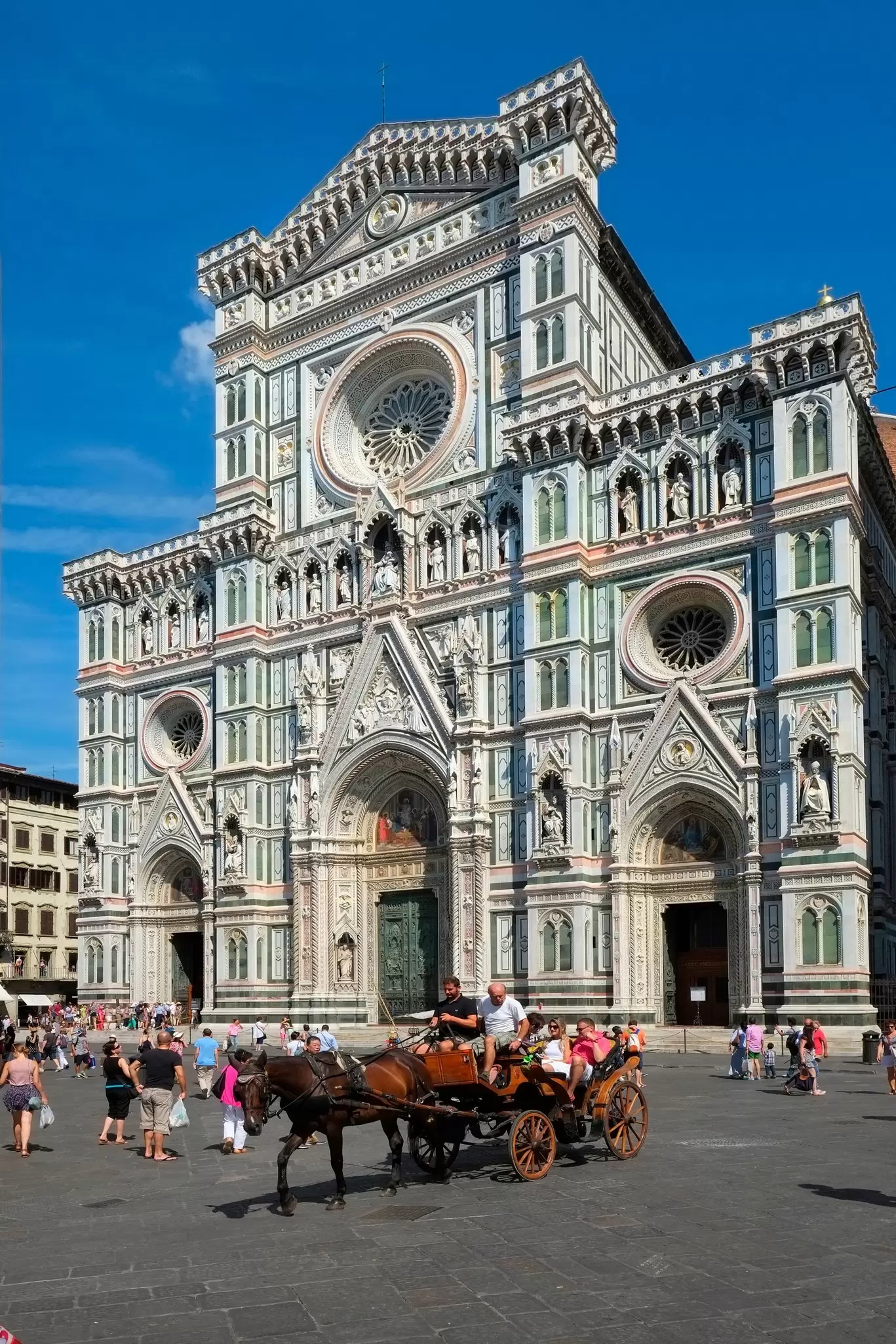 Exterior of the Santa Maria del Fiore Cathedral (Duomo) on a sunny day on Piazza del Duomo in Florence, Italy.