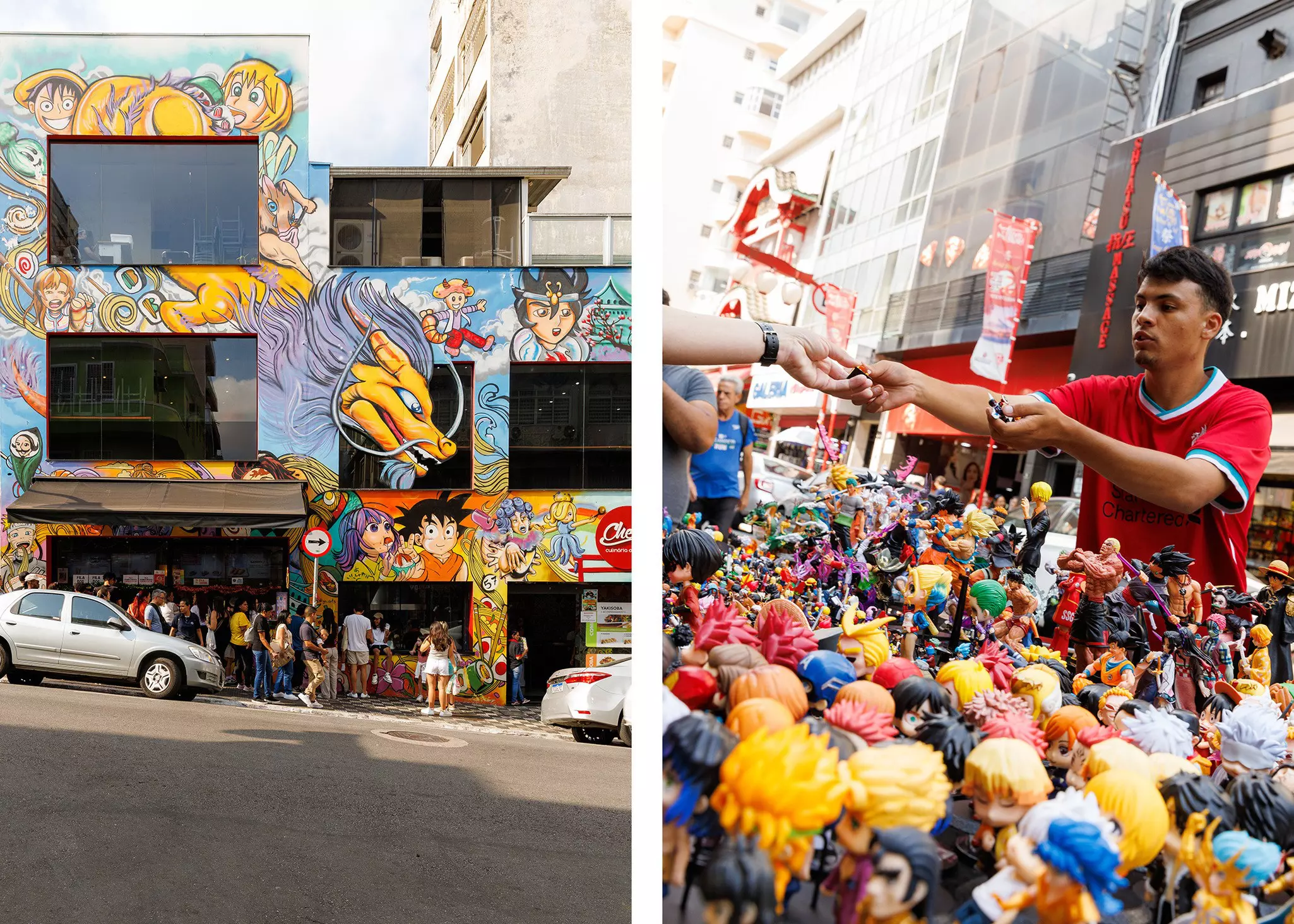Left, people lined up outside of a store with Anime graffiti on the facade; right, a vendor selling anime collectibles