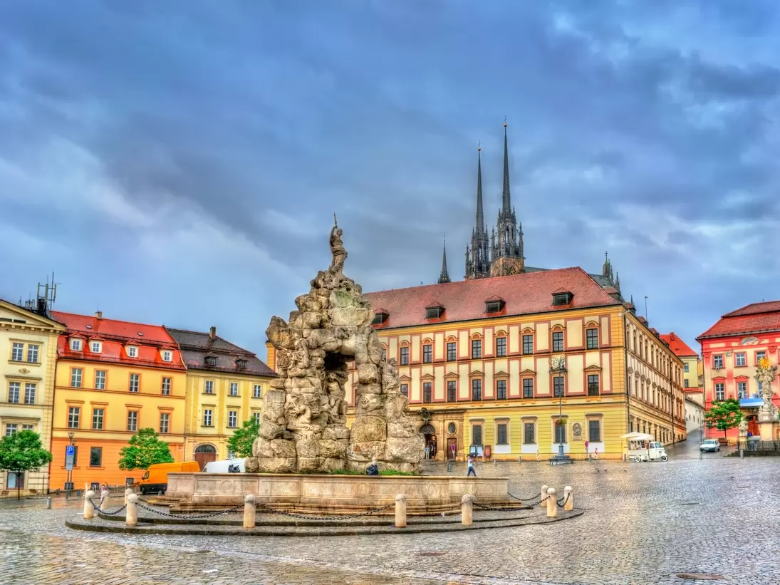 Parnas Fountain on Zerny trh square in the old town of Brno. Moravia, Czech Republic.