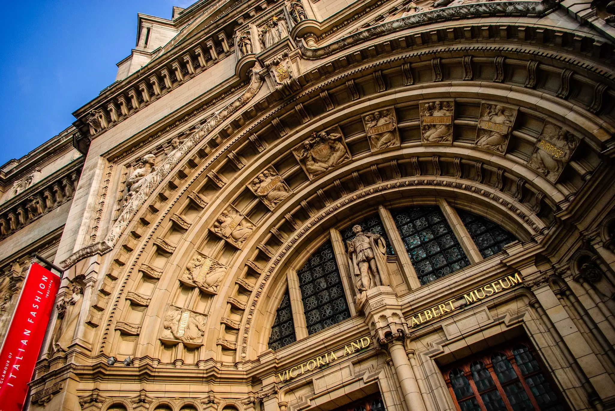 Architectural details of the entrance to the Victoria & Albert Museum in London, UK.