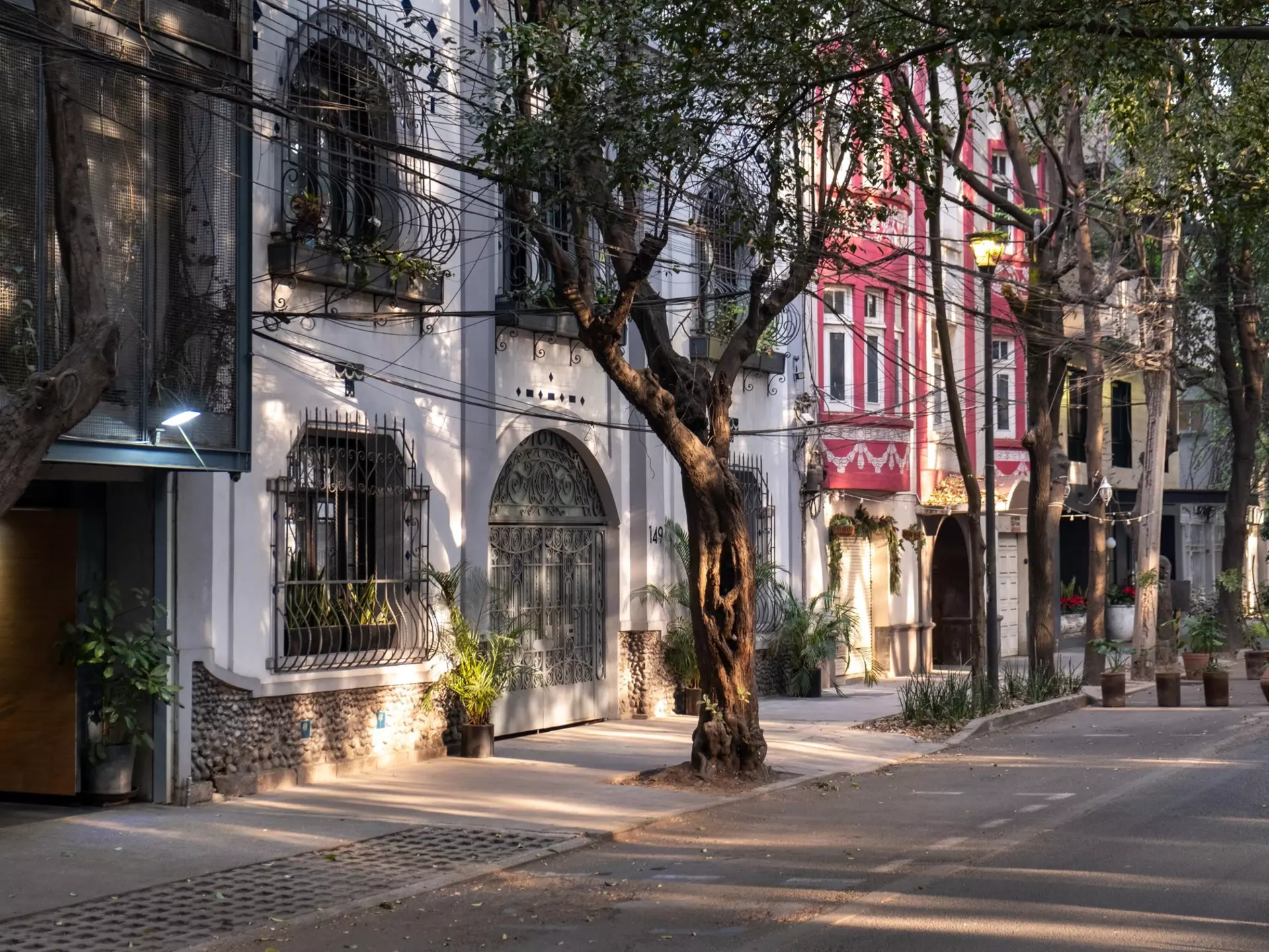 Morning light hits the facades of the art deco style buildings on a street in the trendy neighborhood of La Condesa, in Cuauhtemoc borough of Mexico City