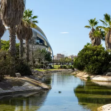 View of a pond in the Jardín del Turia in Valencia, Spain.