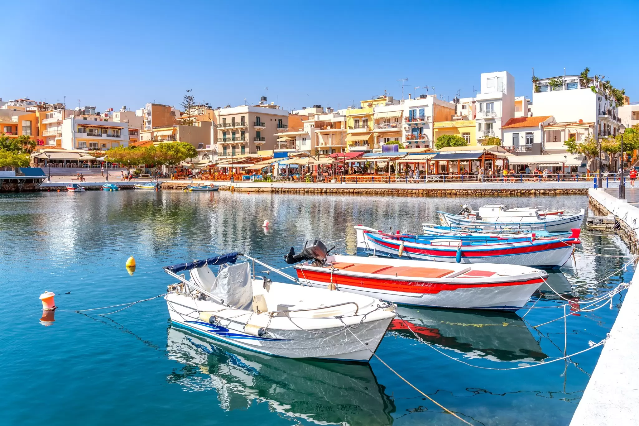 Boats in the harbor in Agios Nikolaos, Crete, Greece.