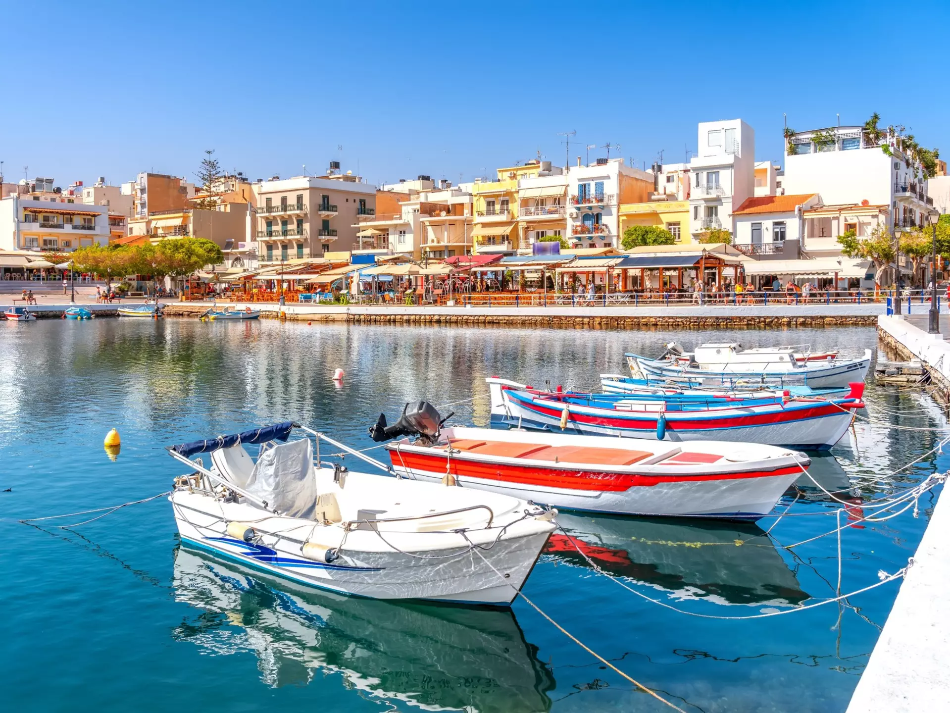 Boats in the harbor in Agios Nikolaos, Crete, Greece.