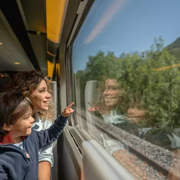 A mother and son riding on a train in France